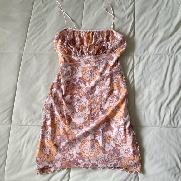 Forever 21 Yellow Beige Spaguetti Strap Floral Y2K Bodycon Mini Dress Size S - Picture 1 of 5